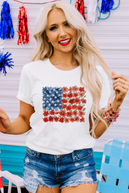 White Patriotic Star Floral Printed T Shirt