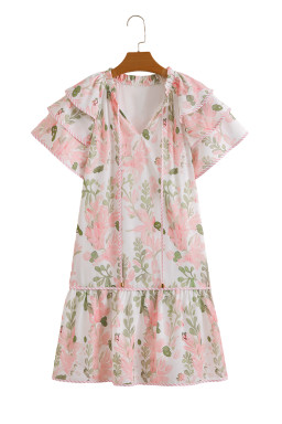 Pink Floral Contrast Edge Ruffle Sleeve Tie Neck Mini Dress