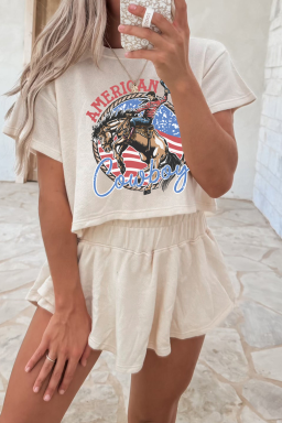 Beige Patriotic American Cowboy Western Graphic Tee and Skort Set