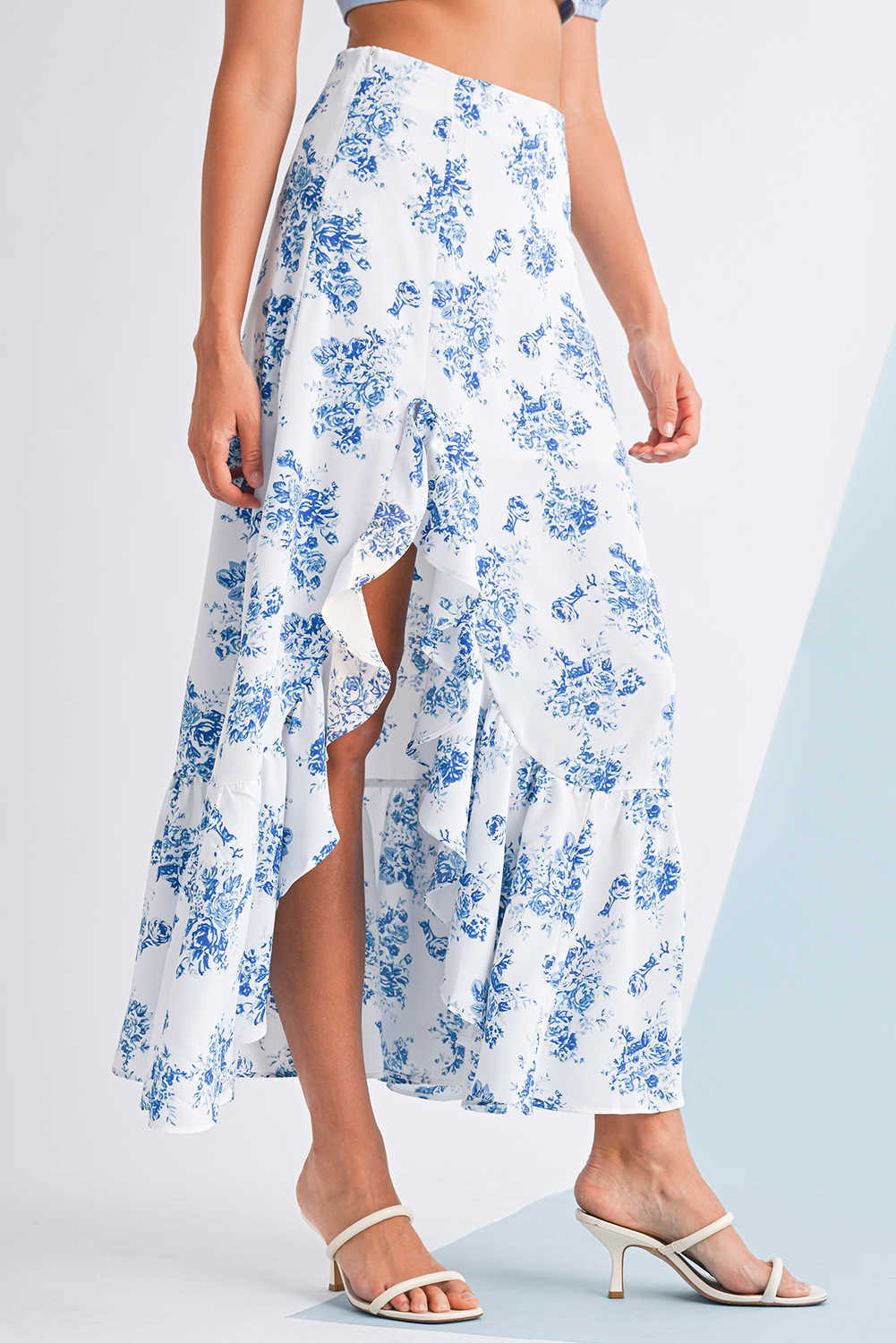 Sky Blue Boho Floral High Waist Ruffle Split Maxi Skirt