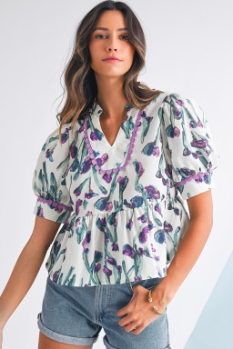 Purple Floral Ricrac Trim Puff Sleeve Peplum Blouse