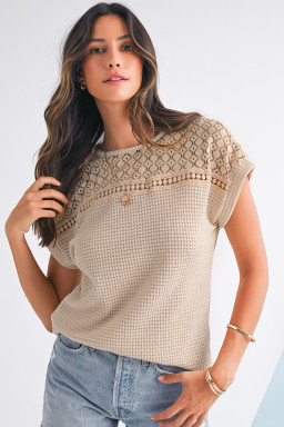 Oatmeal Hollow Patchwork Waffle Knit Top