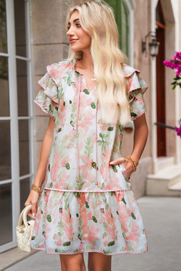 Pink Floral Contrast Edge Ruffle Sleeve Tie Neck Mini Dress