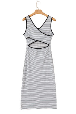 White Striped Criss Cross Back Side Slits Slim Fit Sleeveless Dress