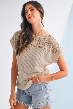 Oatmeal Hollow Patchwork Waffle Knit Top