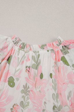 Pink Floral Contrast Edge Ruffle Sleeve Tie Neck Mini Dress