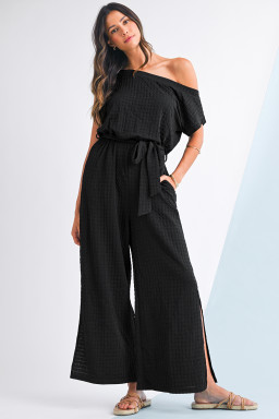 Black Checkered Mesh One Shoulder Short Sleeve Knotted Waist Jumpsuit
