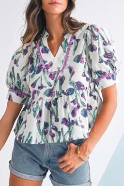 Purple Floral Ricrac Trim Puff Sleeve Peplum Blouse