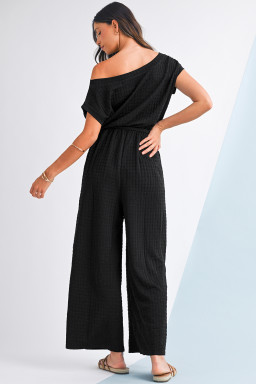 Black Checkered Mesh One Shoulder Short Sleeve Knotted Waist Jumpsuit