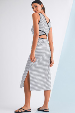 White Striped Criss Cross Back Side Slits Slim Fit Sleeveless Dress
