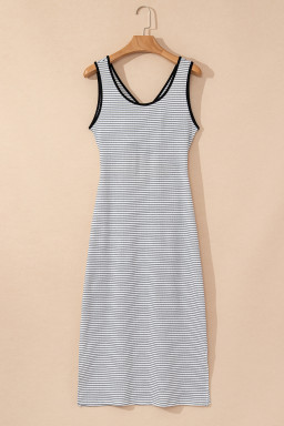 White Striped Criss Cross Back Side Slits Slim Fit Sleeveless Dress