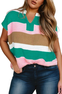 Multicolour Colorblock Notch V Neck Plus Size Knit T Shirt