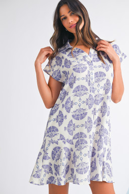 Sky Blue Abstract Print Collared Mini Dress