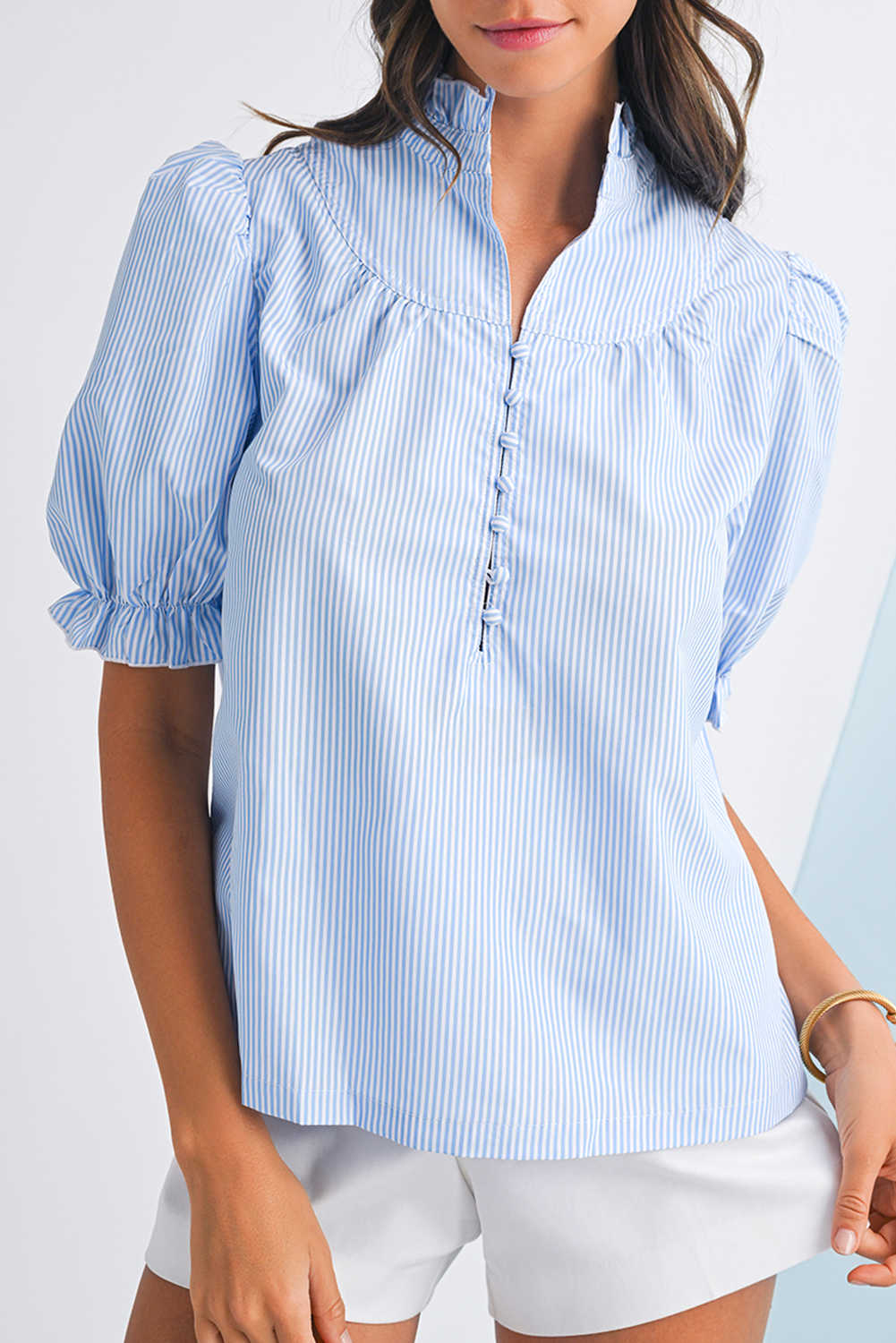 Sky Blue Striped Frill Neck Puff Sleeve Blouse