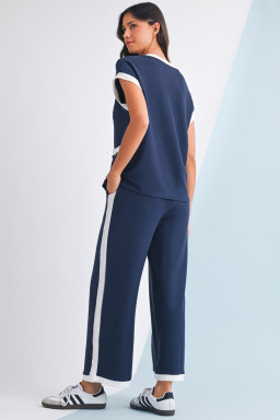 Navy Blue Contrast Trim Pocket T Shirt and Wide Leg Pants Set