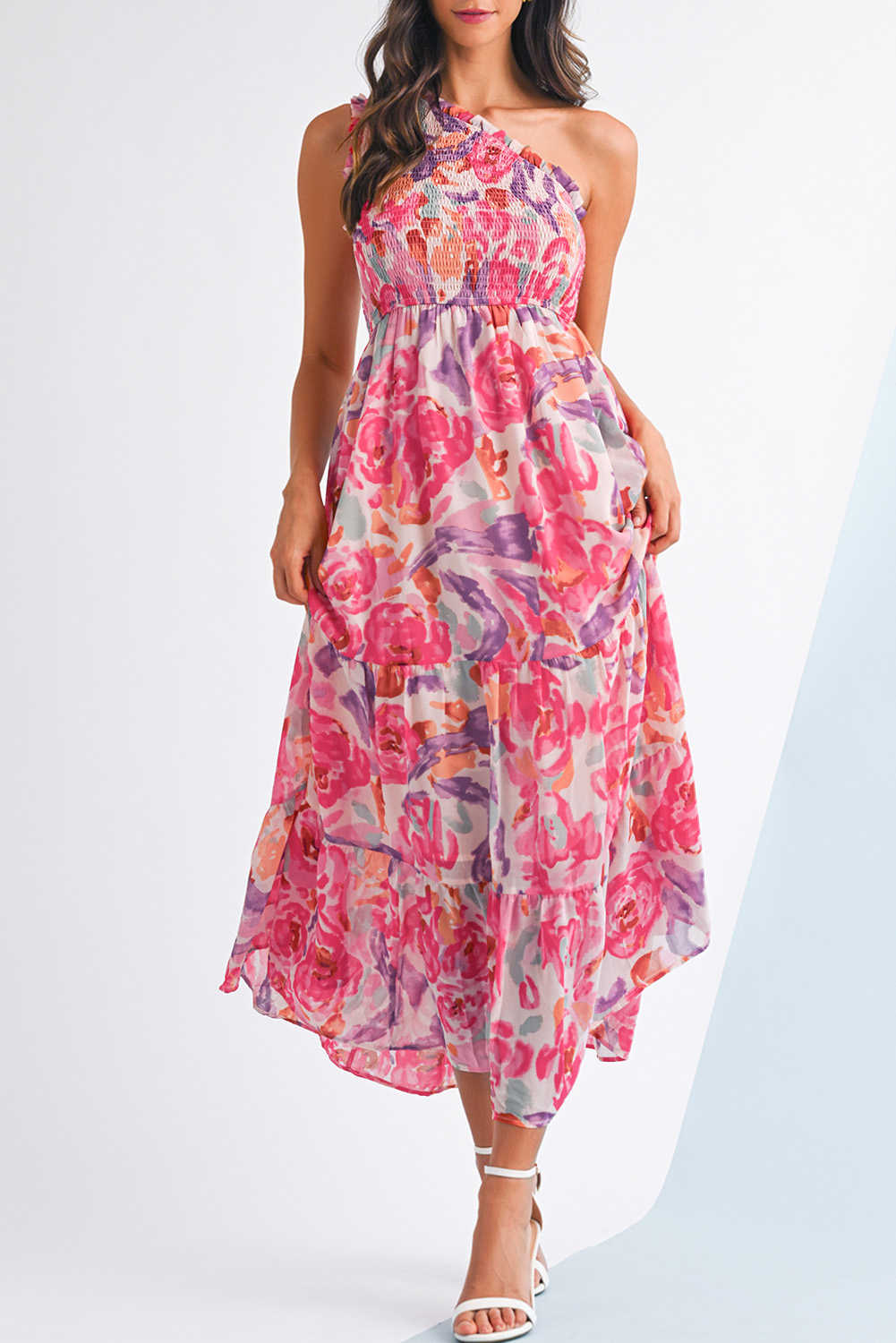 Vestit maxi d'una espatlla amb estampat floral rosa