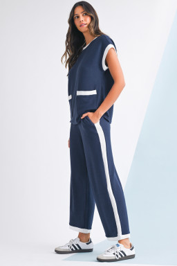 Navy Blue Contrast Trim Pocket T Shirt and Wide Leg Pants Set