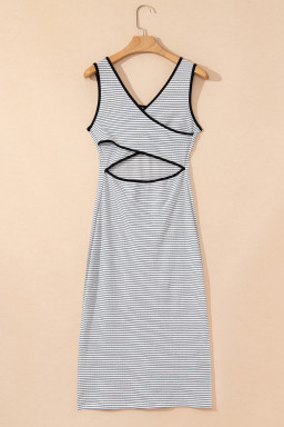 White Striped Criss Cross Back Side Slits Slim Fit Sleeveless Dress