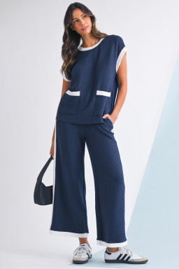 Navy Blue Contrast Trim Pocket T Shirt and Wide Leg Pants Set