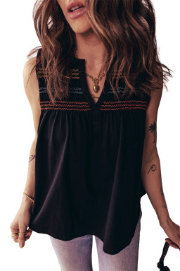 Black Shirred Yoke Notched V Neck Tank Top