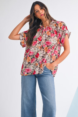 Pink Floral Print Short Sleeve Boho Blouse