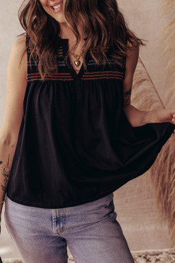 Black Shirred Yoke Notched V Neck Tank Top