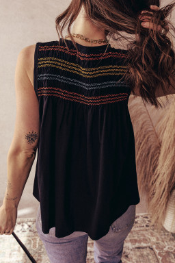 Black Shirred Yoke Notched V Neck Tank Top