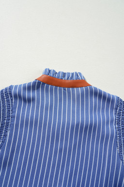 Sky Blue Stripe Frilly Split Neck Shirred Ruffle Sleeve Mini Shift Dress