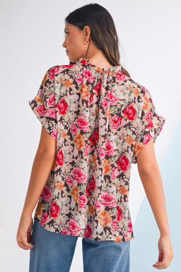 Pink Floral Print Short Sleeve Boho Blouse