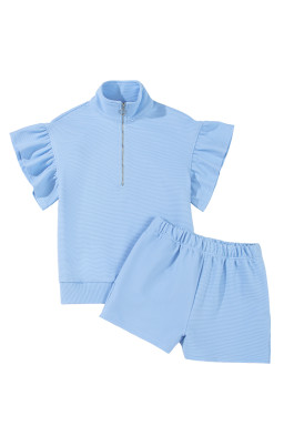 Beau Blue Solid Ribbed Short Sleeve Tee and Shorts Set