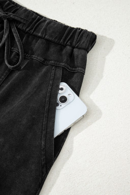 Black Mineral Wash Exposed Seam Wide Leg Cargo Pants