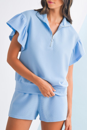 Beau Blue Solid Ribbed Short Sleeve Tee and Shorts Set