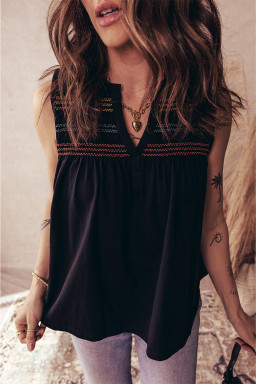 Black Shirred Yoke Notched V Neck Tank Top