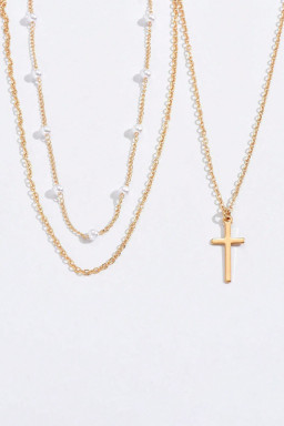 Gold Retro Multi-Layer Pearl and Cross Pendant Necklace Set