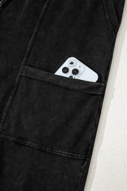 Black Mineral Wash Exposed Seam Wide Leg Cargo Pants