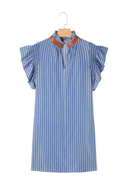 Sky Blue Stripe Frilly Split Neck Shirred Ruffle Sleeve Mini Shift Dress