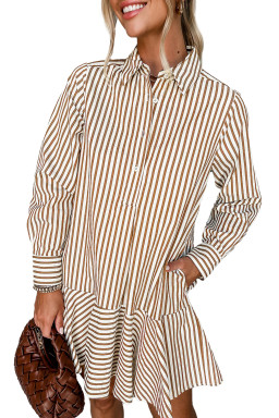 Brown Stripe Ruffle Hem Collared Long Sleeve Shirt Mini Dress