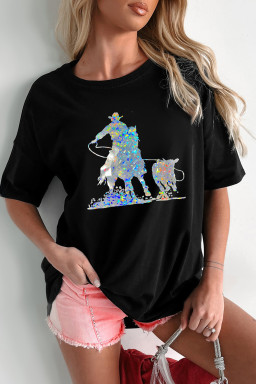 Black Western Cowboy Transfer Vinyl Process Graphic Crewneck Tee