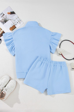 Beau Blue Solid Ribbed Short Sleeve Tee and Shorts Set