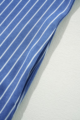 Sky Blue Stripe Frilly Split Neck Shirred Ruffle Sleeve Mini Shift Dress