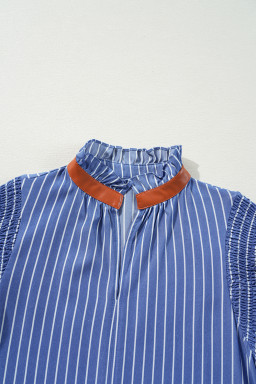 Sky Blue Stripe Frilly Split Neck Shirred Ruffle Sleeve Mini Shift Dress