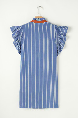 Sky Blue Stripe Frilly Split Neck Shirred Ruffle Sleeve Mini Shift Dress