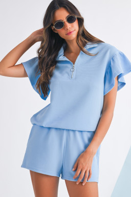 Beau Blue Solid Ribbed Short Sleeve Tee and Shorts Set