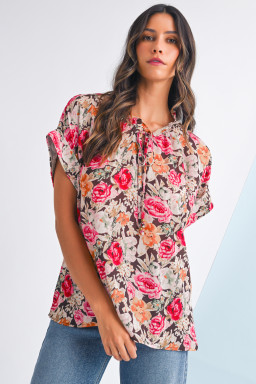Pink Floral Print Short Sleeve Boho Blouse