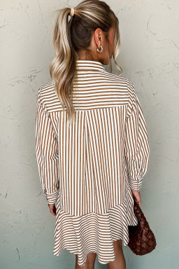 Brown Stripe Ruffle Hem Collared Long Sleeve Shirt Mini Dress