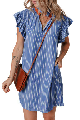 Sky Blue Stripe Frilly Split Neck Shirred Ruffle Sleeve Mini Shift Dress