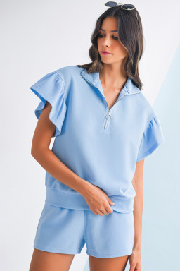 Beau Blue Solid Ribbed Short Sleeve Tee and Shorts Set