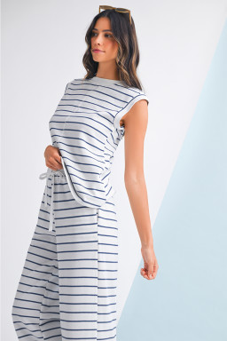 Sail Blue Casual Striped Tee and Wide Leg Pants Set