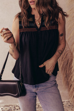 Black Shirred Yoke Notched V Neck Tank Top