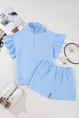 Beau Blue Solid Ribbed Short Sleeve Tee and Shorts Set